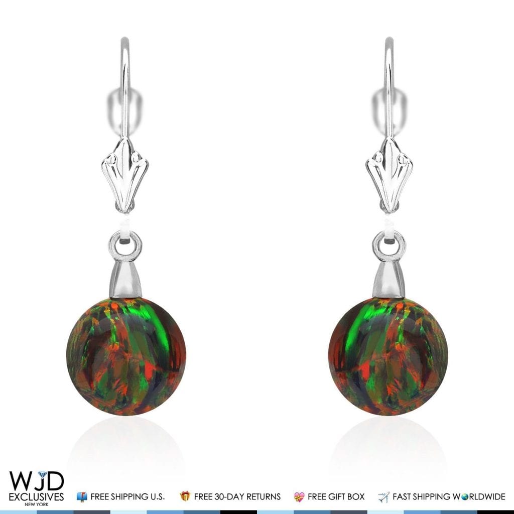 10 mm Ball Shaped Black Fire Opal Dangle Leverback Earrings 14K Solid White Gold