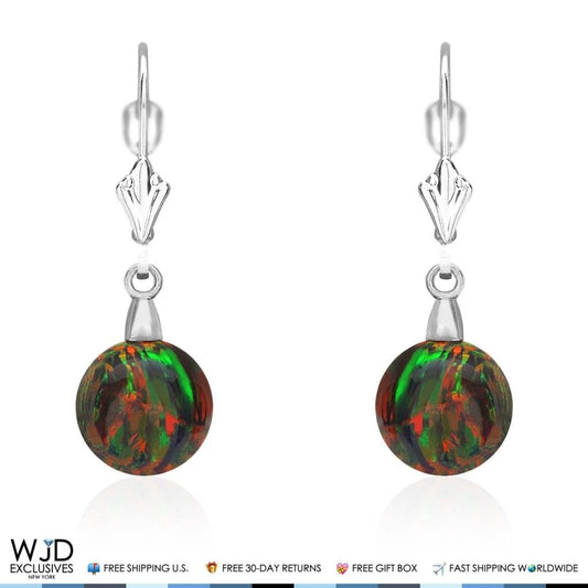 10 mm Ball Shaped Black Fire Opal Dangle Leverback Earrings 14K Solid White Gold