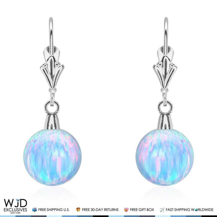 10mm Ball Shaped Blue Fire Opal Leverback Dangle Earrings 14K White Gold