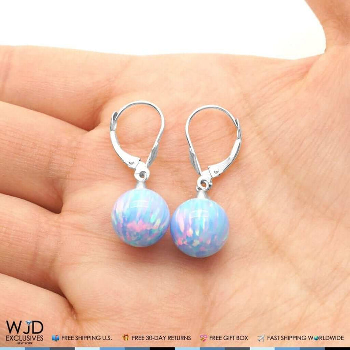 10mm Ball Shaped Blue Fire Opal Leverback Dangle Earrings 14K White Gold
