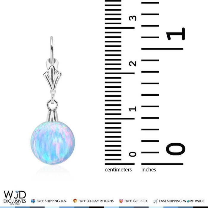 10mm Ball Shaped Blue Fire Opal Leverback Dangle Earrings 14K White Gold