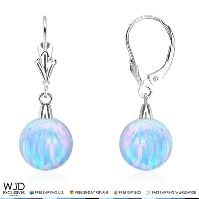 10mm Ball Shaped Blue Fire Opal Leverback Dangle Earrings 14K White Gold