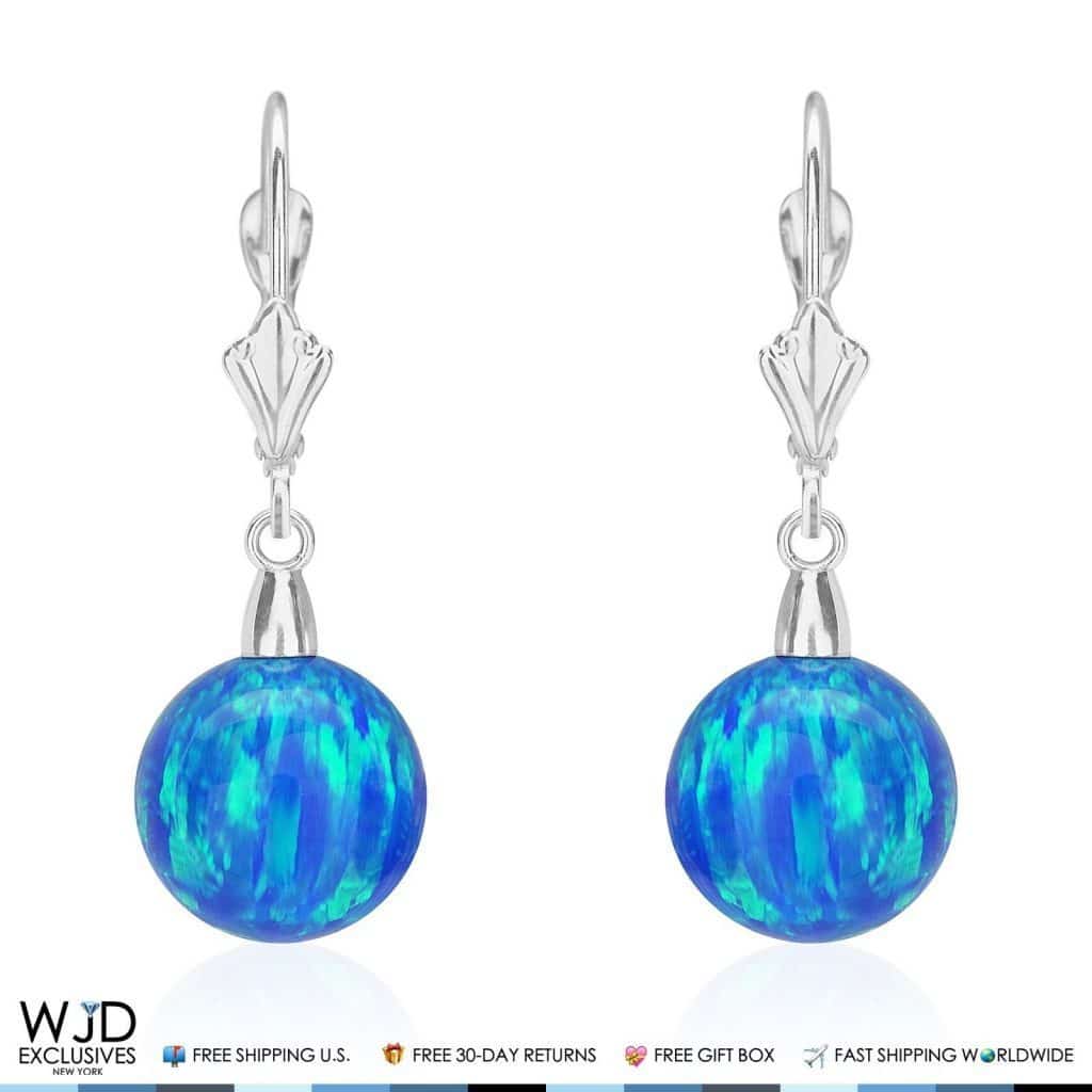 10mm Ball Shaped Blue Fire Opal Leverback Dangle Earrings 14K White Gold