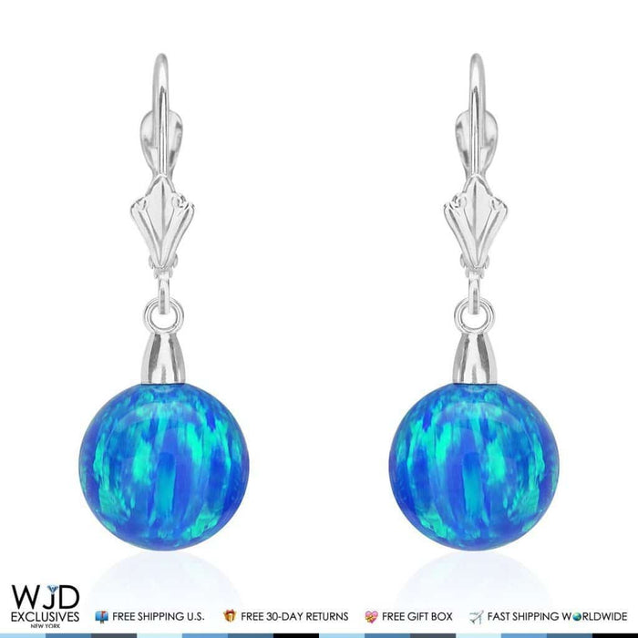 10mm Ball Shaped Blue Fire Opal Leverback Dangle Earrings 14K White Gold