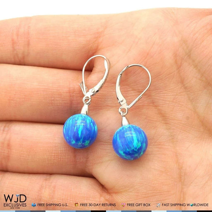 10mm Ball Shaped Blue Fire Opal Leverback Dangle Earrings 14K White Gold