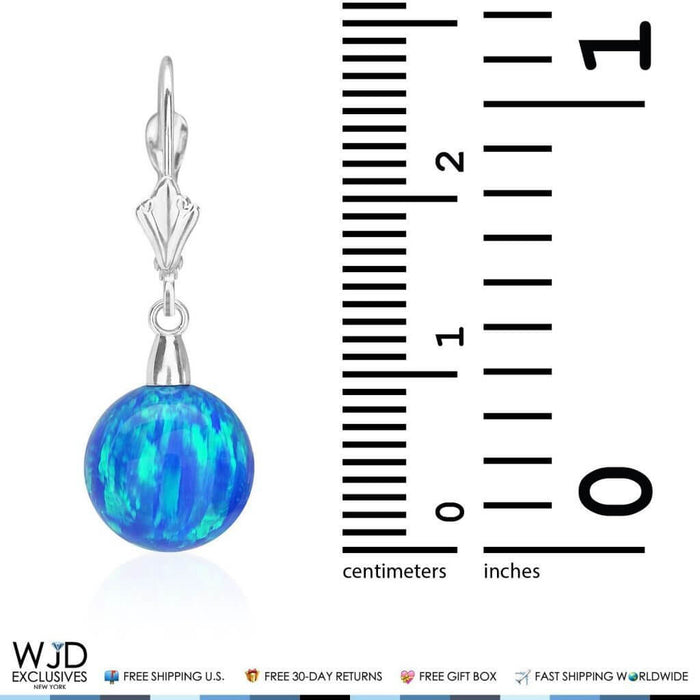 10mm Ball Shaped Blue Fire Opal Leverback Dangle Earrings 14K White Gold