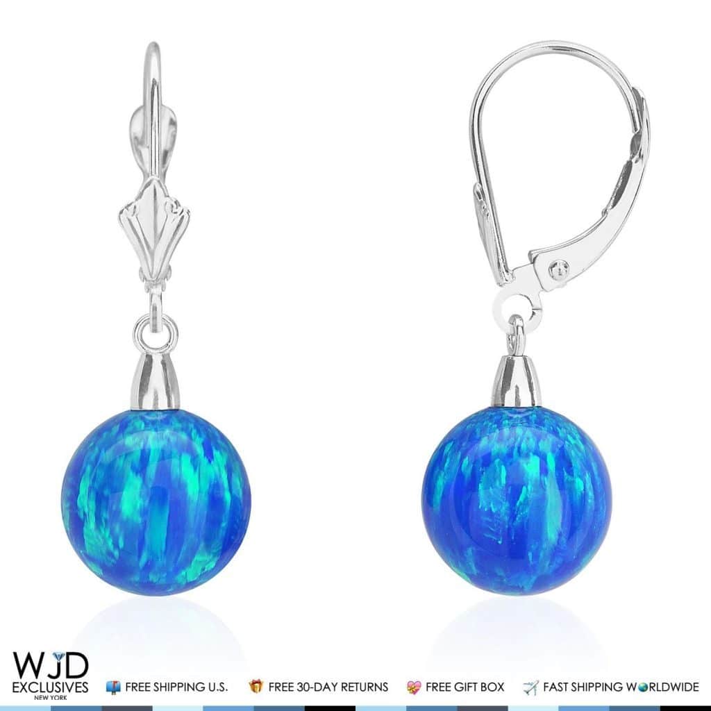 10mm Ball Shaped Blue Fire Opal Leverback Dangle Earrings 14K White Gold