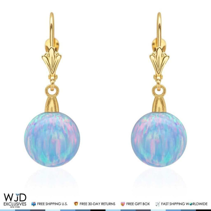 10mm Ball Shaped Blue Fire Opal Leverback Dangle Earrings 14K Yellow Gold