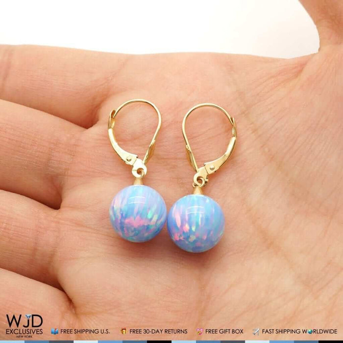 10mm Ball Shaped Blue Fire Opal Leverback Dangle Earrings 14K Yellow Gold