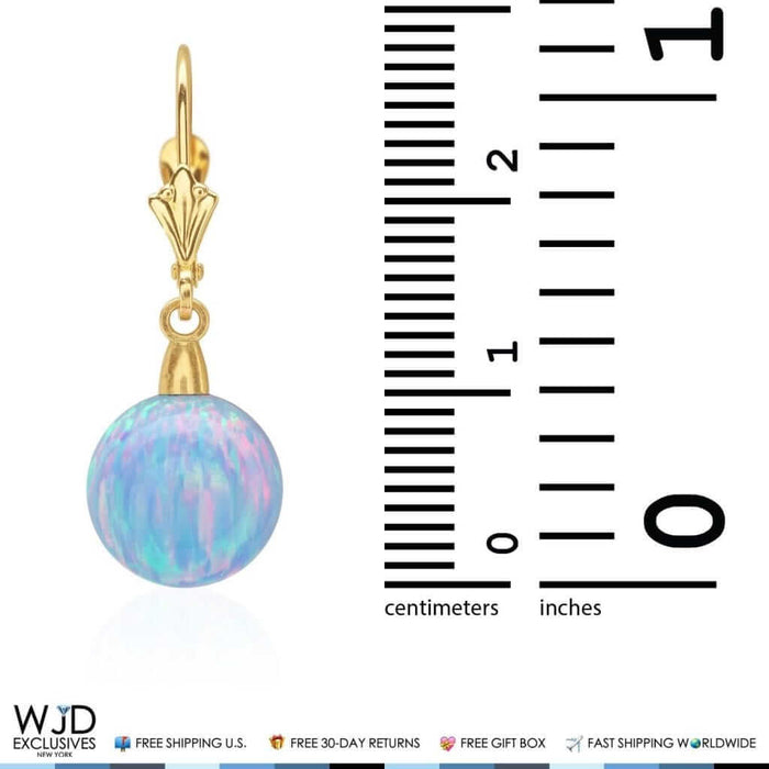 10mm Ball Shaped Blue Fire Opal Leverback Dangle Earrings 14K Yellow Gold