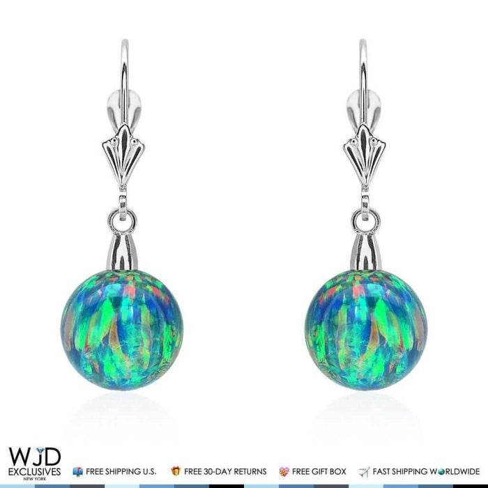 6mm-10mm Ball Blue Green Fire Opal Leverback Dangle Earrings 14K White Gold