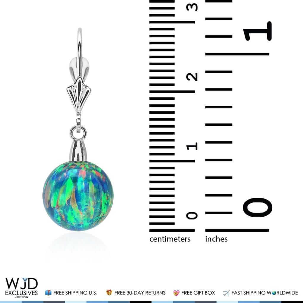 6mm-10mm Ball Blue Green Fire Opal Leverback Dangle Earrings 14K White Gold