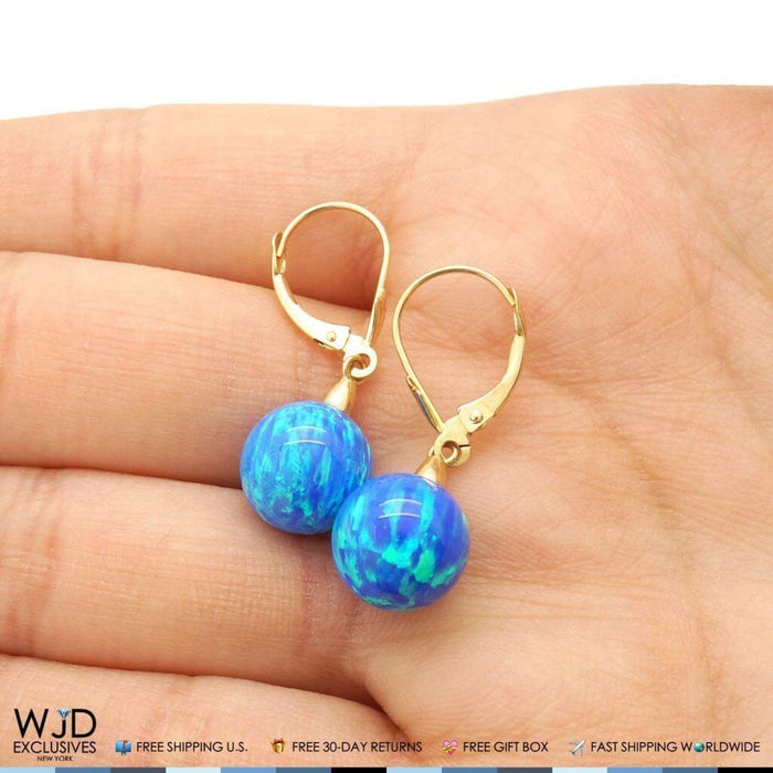 Round Deep Blue Fire Opal 14K Yellow Gold Leverback Dangle Earrings 10mm