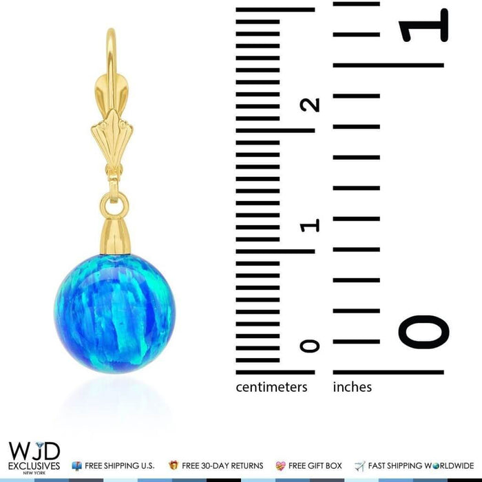 Round Deep Blue Fire Opal 14K Yellow Gold Leverback Dangle Earrings 10mm