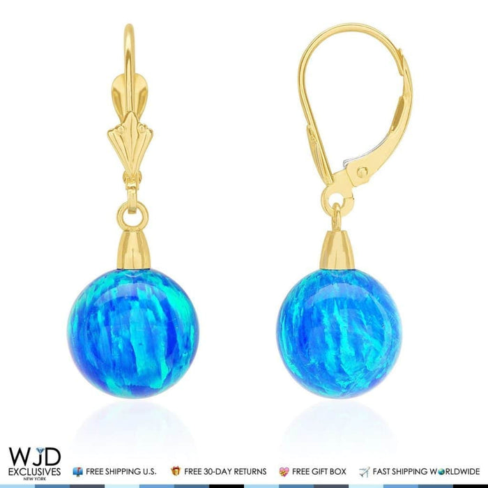 Round Deep Blue Fire Opal 14K Yellow Gold Leverback Dangle Earrings 10mm