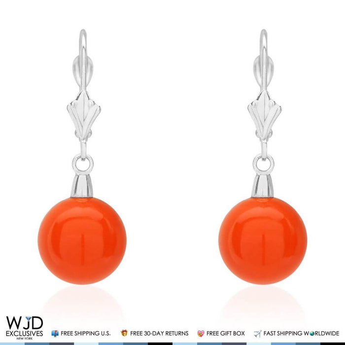 10mm Ball Shaped Orange Coral Leverback Dangle Earrings 14K White Gold 1"