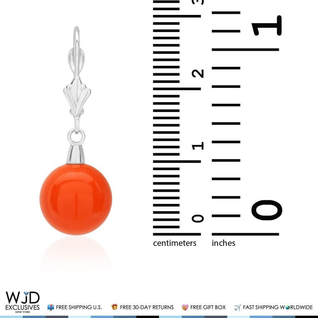 10mm Ball Shaped Orange Coral Leverback Dangle Earrings 14K White Gold 1"