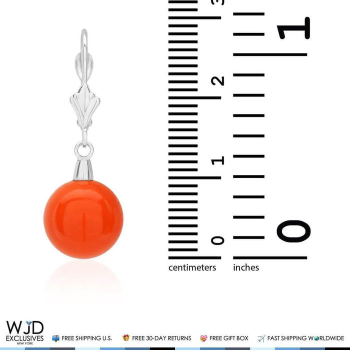 10mm Ball Shaped Orange Coral Leverback Dangle Earrings 14K White Gold 1"