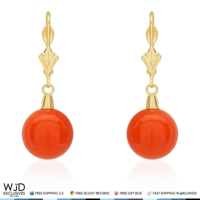 10mm Ball Shaped Orange Coral Leverback Dangle Earrings 14K Yellow Gold
