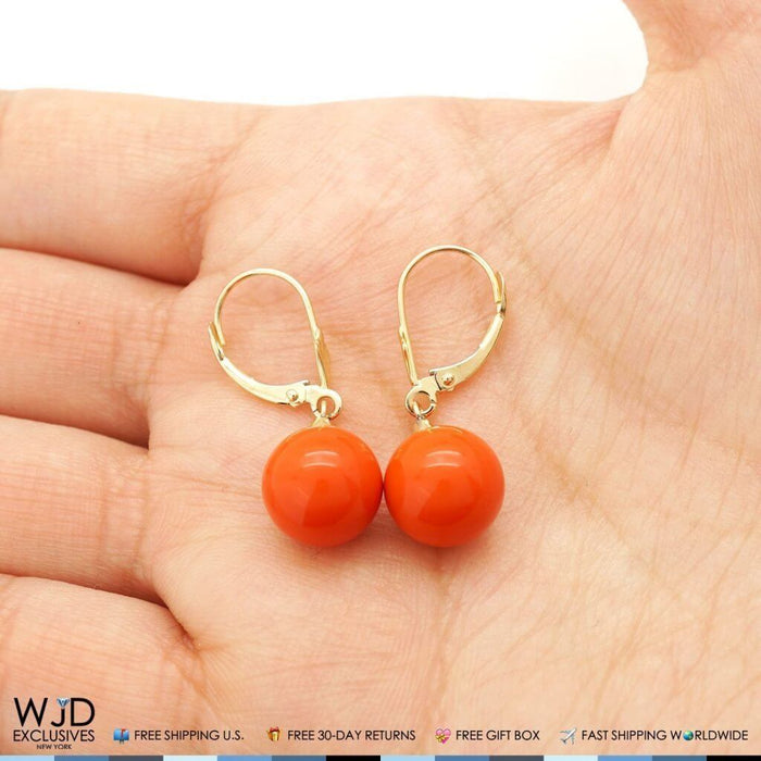 10mm Ball Shaped Orange Coral Leverback Dangle Earrings 14K Yellow Gold