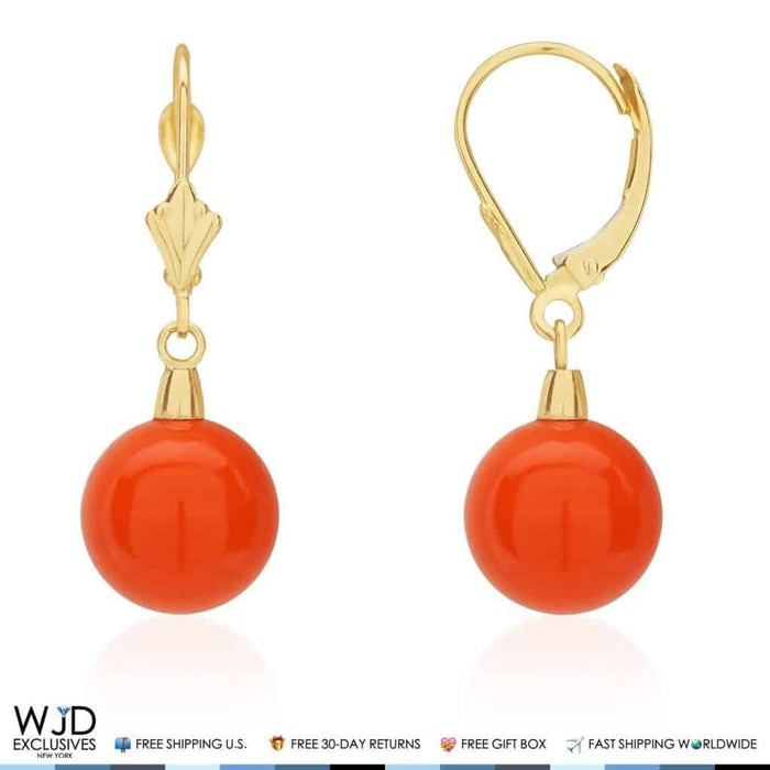 10mm Ball Shaped Orange Coral Leverback Dangle Earrings 14K Yellow Gold