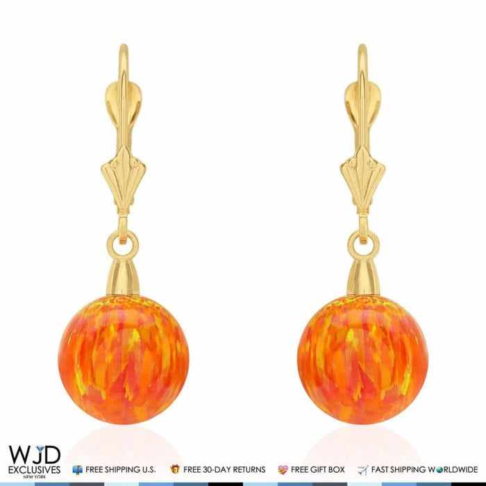 10mm Ball Shaped Orange Fire Opal Leverback Dangle Earrings 14K Yellow Gold