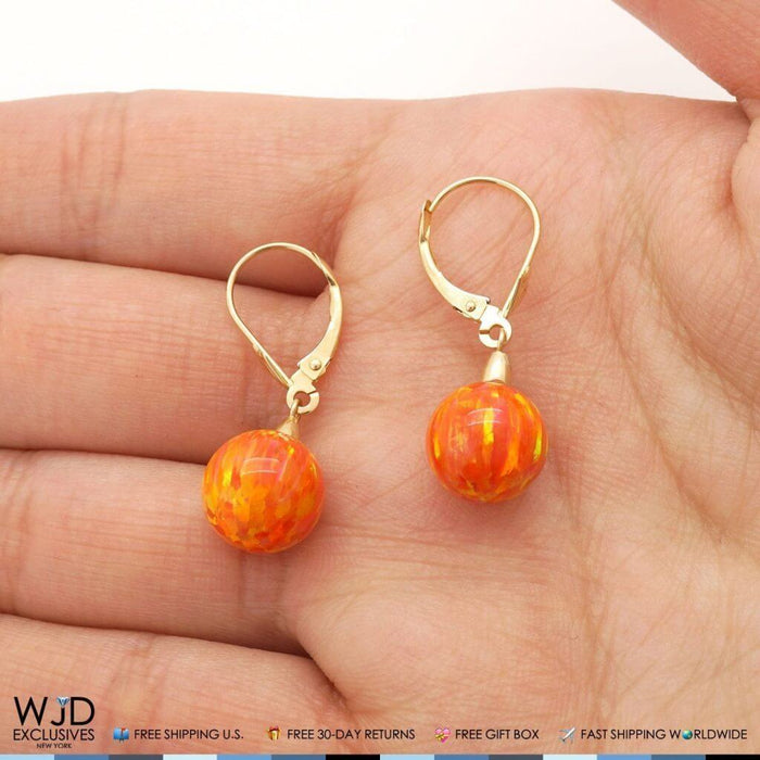 10mm Ball Shaped Orange Fire Opal Leverback Dangle Earrings 14K Yellow Gold