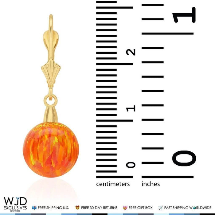10mm Ball Shaped Orange Fire Opal Leverback Dangle Earrings 14K Yellow Gold