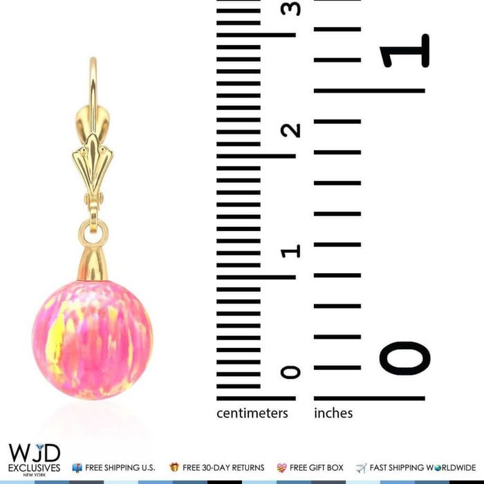 14K Yellow Gold 6mm-10mm Ball Peach Pink Fire Opal Leverback Dangle Earrings