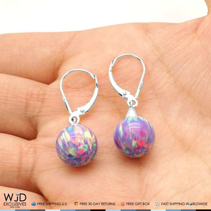 10mm Ball Shaped Purple Fire Opal Leverback Dangle Earrings 14K White Gold 1"
