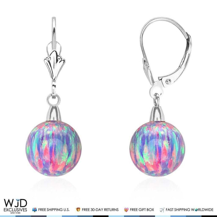 10mm Ball Shaped Purple Fire Opal Leverback Dangle Earrings 14K White Gold 1"