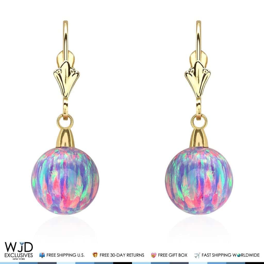10mm Ball Purple Fire Opal Leverback Dangle Earrings 14K Yellow Gold 1&quot;