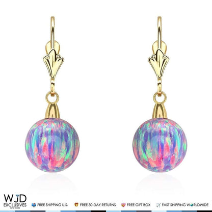 10mm Ball Purple Fire Opal Leverback Dangle Earrings 14K Yellow Gold 1&quot;