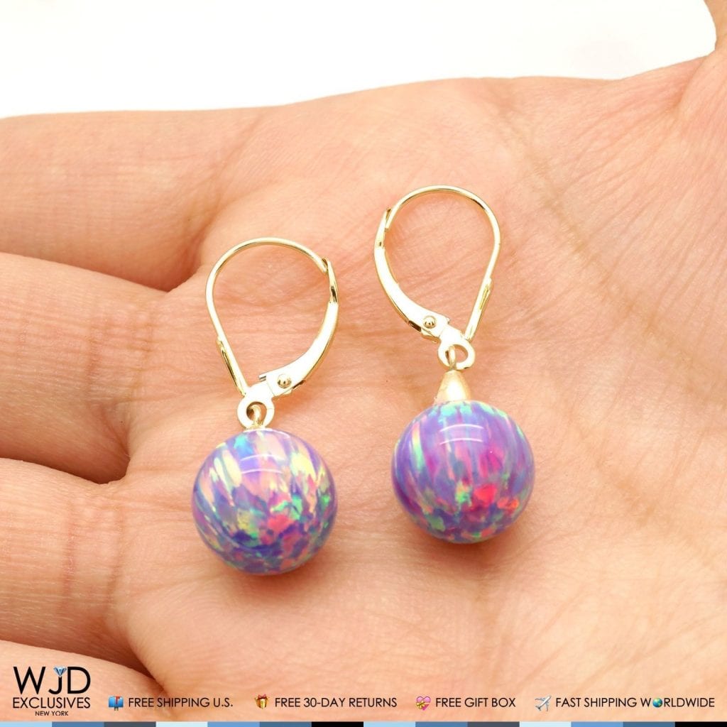 10mm Ball Purple Fire Opal Leverback Dangle Earrings 14K Yellow Gold 1&quot;