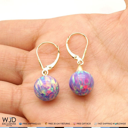 10mm Ball Purple Fire Opal Leverback Dangle Earrings 14K Yellow Gold 1&quot;