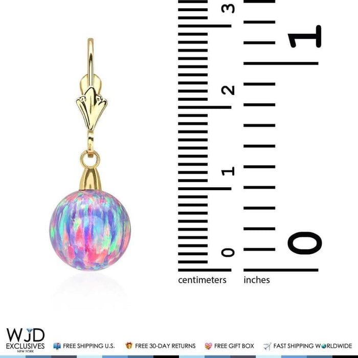 10mm Ball Purple Fire Opal Leverback Dangle Earrings 14K Yellow Gold 1"
