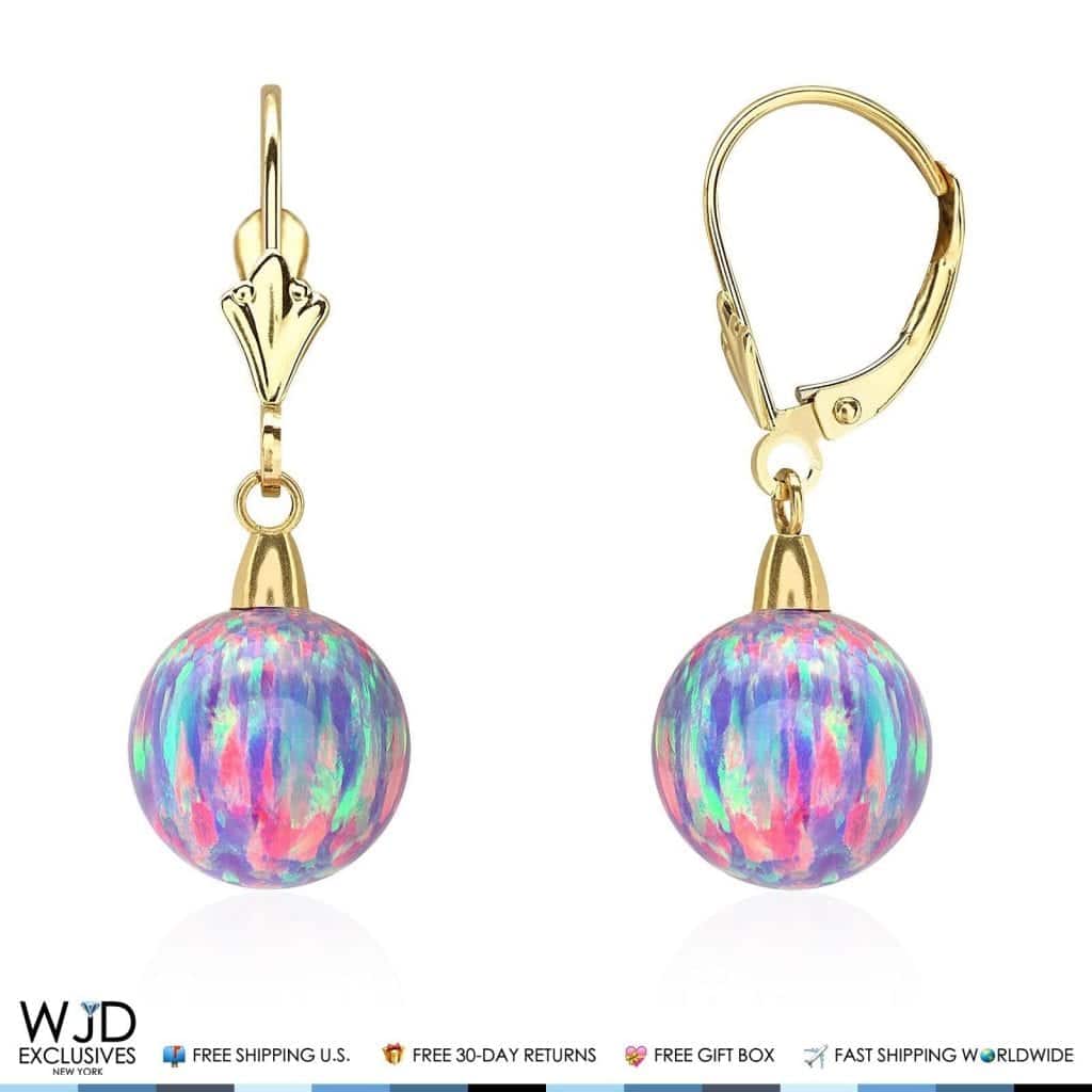 10mm Ball Purple Fire Opal Leverback Dangle Earrings 14K Yellow Gold 1&quot;