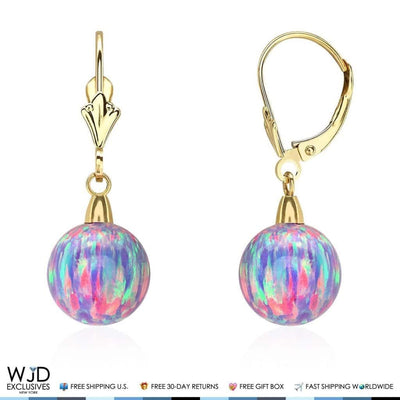 10mm Ball Purple Fire Opal Leverback Dangle Earrings 14K Yellow Gold 1"