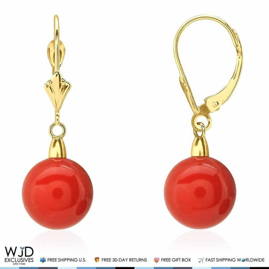 14K Real Gold 10mm Ball Red Coral Leverback Dangle Earrings 30mm