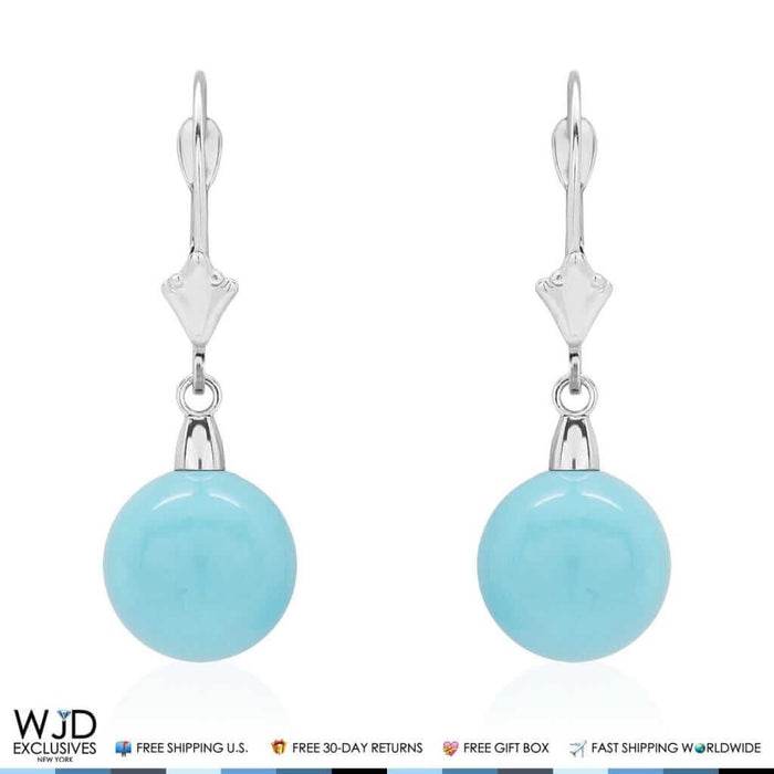 14K White Gold Ball Shaped Turquoise Leverback Dangle Earrings 6mm-10mm