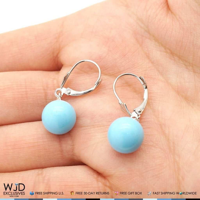 14K White Gold Ball Shaped Turquoise Leverback Dangle Earrings 6mm-10mm