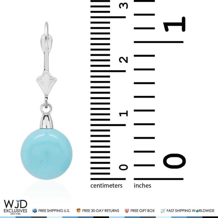 14K White Gold Ball Shaped Turquoise Leverback Dangle Earrings 6mm-10mm