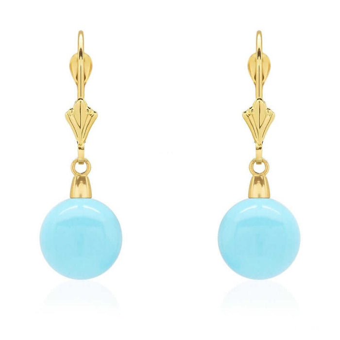 14k Yellow Gold Sky Blue Turquoise Ball Drop Leverback Earrings 6mm-10mm