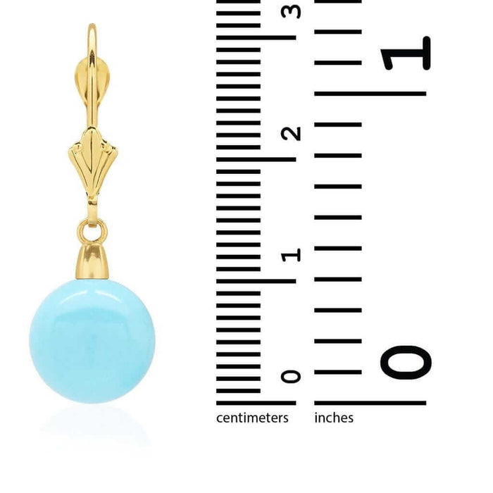 14k Yellow Gold Sky Blue Turquoise Ball Drop Leverback Earrings 6mm-10mm