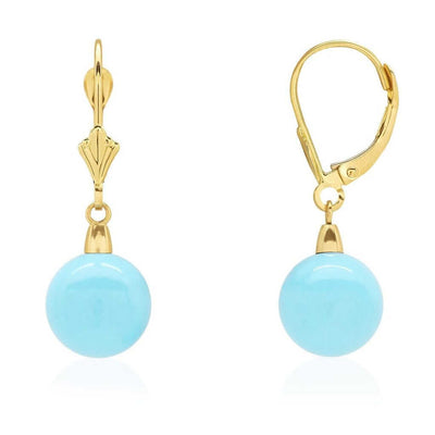 14k Yellow Gold Sky Blue Turquoise Ball Drop Leverback Earrings 6mm-10mm