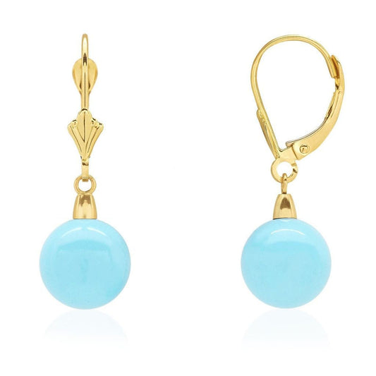 14k Yellow Gold Sky Blue Turquoise Ball  Drop Leverback Earrings 6mm-10mm