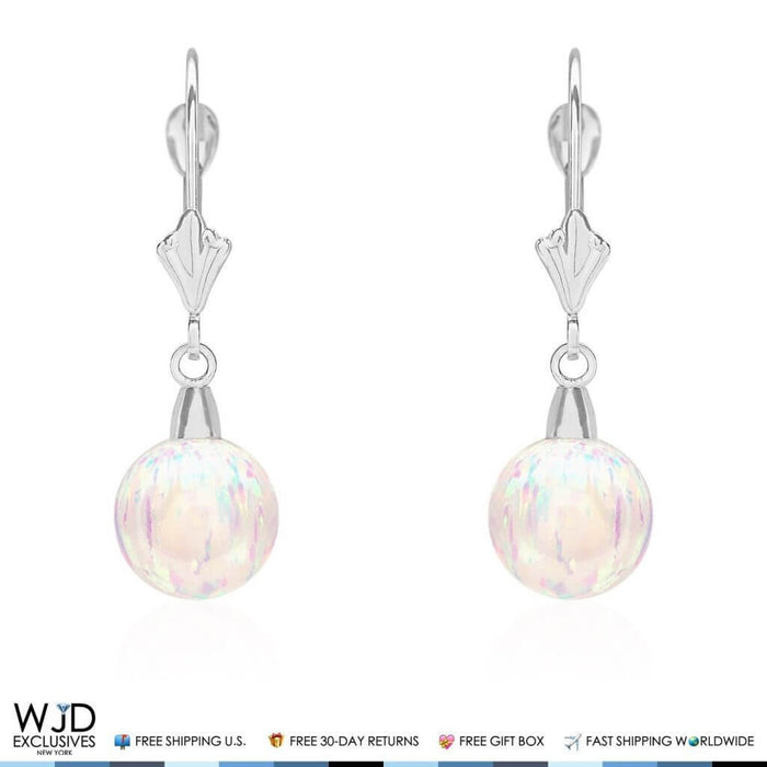 10mm Ball Shaped White Fire Opal Leverback Dangle Earrings 14K White Gold