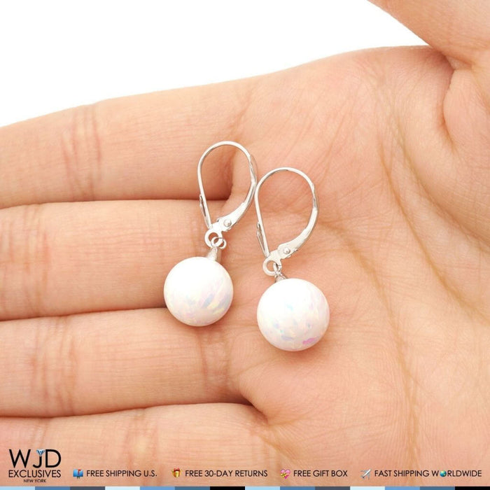 10mm Ball Shaped White Fire Opal Leverback Dangle Earrings 14K White Gold