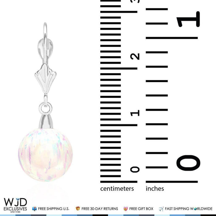 10mm Ball Shaped White Fire Opal Leverback Dangle Earrings 14K White Gold