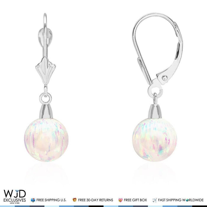 10mm Ball Shaped White Fire Opal Leverback Dangle Earrings 14K White Gold